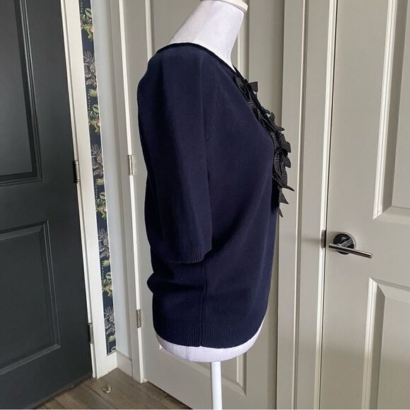 Marc Jacobs 100% Cashmere Navy Short Sleeve Ruffle Preppy Sweater Size S - Picture 2 of 8